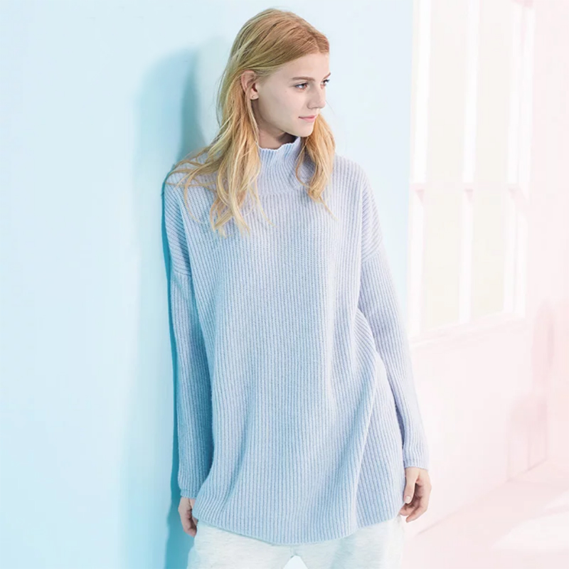 Pure Cashmere Sweater Blue Loose Pullover Neck Lady Winter Sweater  